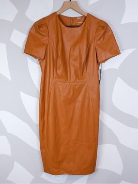 NWT Calvin Klein Women's Beige Faux-Leather-Trim A-Line Dress | 6